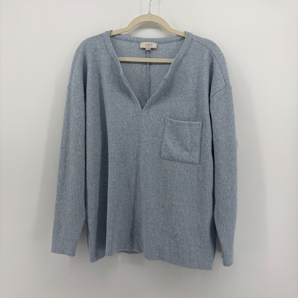 Loft Outlet Womens Medium Blue Waffle Knit V-Neck Pocket Pullover Top
